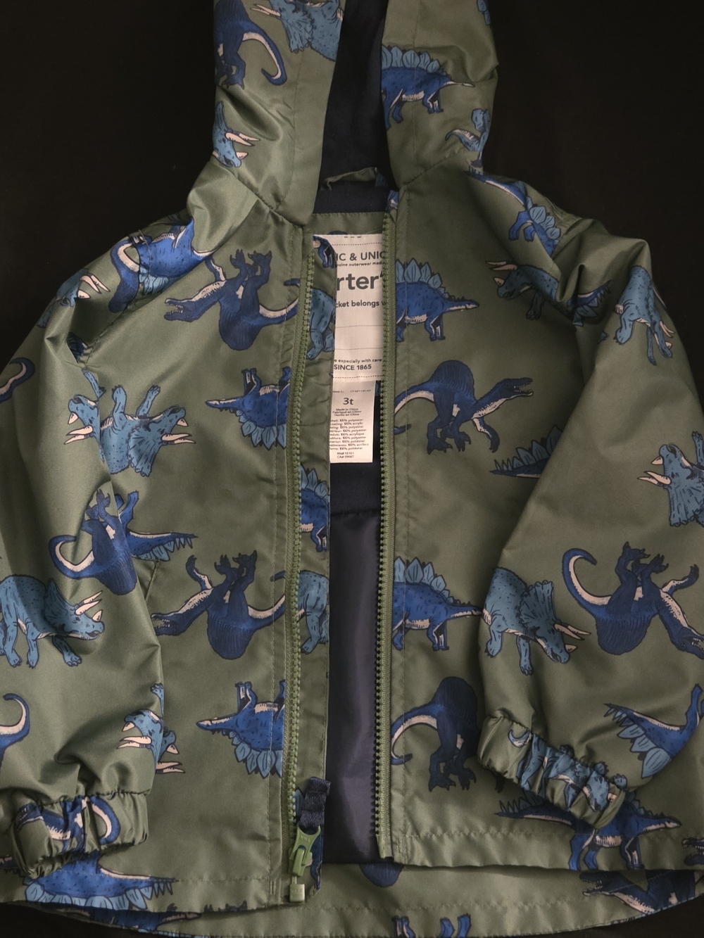 Carter's Olive Green Hooded Raincoat with Blue Dinosaur Print